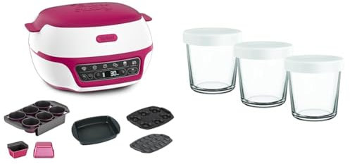 Tefal Cake Factory Délices, Four à gâteaux intelligent, 5 programmes auto et ses moules YY5716FG + 2 lots de 3 pots en verre 140 ml avec couvercle plastique XA633110