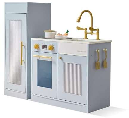 Teamson Kids Little Chef Chester Holz-Kinderküche mit separatem Kühlschrank, Spüle, Haken und 12 Zubehörteilen