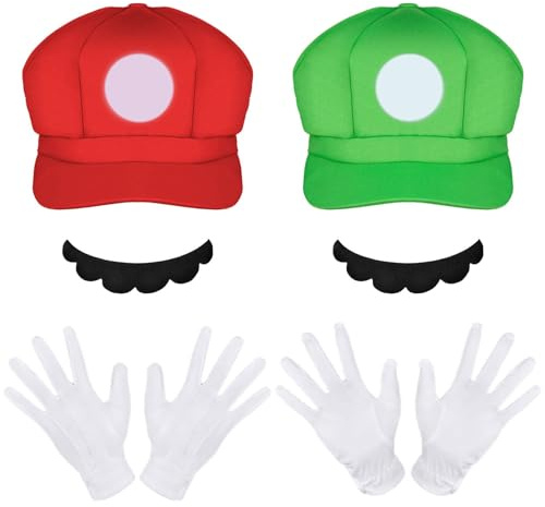Aomig Cosplay Kostüm Zubehör Bros Spiele Accessories mit Mütze Hut Bart | Handschuhe Super-Brüder Filme Kostüm Set Männer Damen Erwachsene Outfit Kostüm für Weihnachten Karneval Halloween Mottoparty