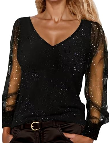 RACXBO Pailletten Oberteile Damen Silvester Outfit Elegant Sexy Casual V-Ausschnitt Glitzer Oberteile Festliche Pailletten Tunika Blusen