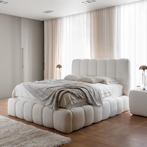 Home Collective Polsterbett Doppelbett Bubble Bett mit Stauraum viele Größen und Farben | Bettgestell mit Lattenrost weicher Bouclé Bezug mit Steppung | Schlafzimmer Möbel | Creme 160x200 cm