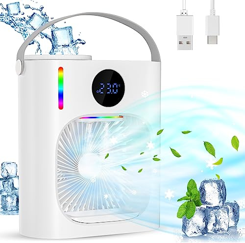 Condizionatore Portatile Silenzioso con 900ml,USB Mini Climatizzatore Evaporativo Ventilatore con 3 Velocità,Raffreddatore D'aria Luci LED & Risparmio EnergeticoIdeale per Spazi Piccoli(Blanco)