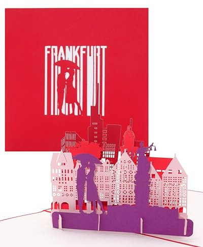 Grußkarte „Frankfurt - Panorama“ - 3D Pop Up Karte der Frankfurter Skyline mit Altstadt & Dom – Städtekarte als Souvenir, Einladung & Reisegutschein zum City Trip nach Frankfurt am Main