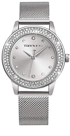 TREEWETO Damenuhr Analog Quarz Armband Armbanduhr Kristall Mesh Edelstahl Gürtel Damen Quarz Diamant Klassische Mode Romantisch Silber