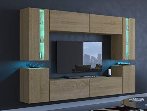 Furnitech Wohnwand Wohnzimmer | Wohnzimmer Möbel mit LED RGB - 16 Farben | Hängend Wohnwand Modern | Wohnzimmer Schrankwand mit Regale und TV Schrank (24/M/DZ/5 1B Groß)