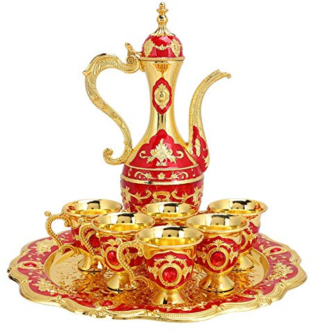 Vintage Türkische Kaffeekanne, Türkisches Teeset, Metall Russischer Stil Weinkanne Kit Vintage Flachmann Set Gold Türkische Kaffeekanne mit 6 Trinkbechern Heimkunst Handwerk für Hochzeitsgeschenk