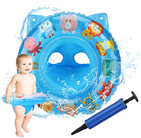 Cartoon Baby Schwimmring, Baby Float Aufblasbar Schwimmhilfe Ring Mit Sitz und Inflator Schwimmsitz Schwimmtrainer Pool Auftriebshilfegerät für Kleinkinder ab 6 Monate bis 3 Jahre, Blau