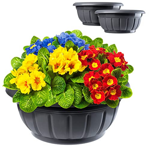 KADAX Grand Pot de Fleur 34 cm, Lot de 2, Plastique Résistant aux Intempéries, Jardinière Ronde pour Jardin – Anthracite