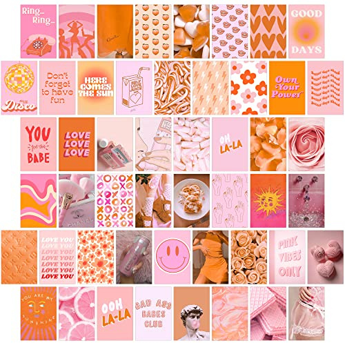 Aesthetic, Pfirsich-Wand-Collage-Set, Poster für Teenager, Jungen, Mädchen, 50 Stück, 10,2 x 15,2 cm, Rosa und Orange