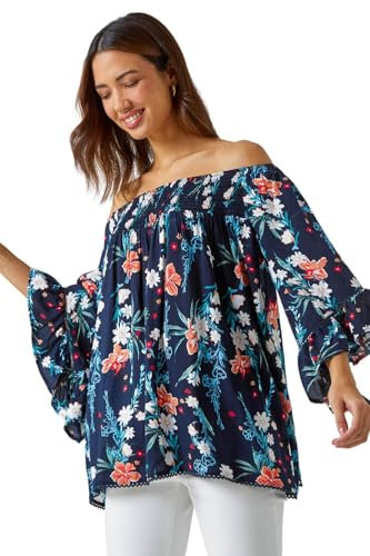 Roman Bardot Top Off Shoulder Blouse for Women UK - Ladies Floral Print Shirt Palm Leaf Tropical Ditsy Cold Shoulder Jersey Frill Cuff Summer Spring Holiday - Navy Orange - Size 12