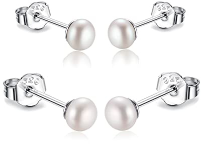 3mm 4mm 5mm Real Freshwater Cultured Pearl Earrings 925 Sterling Silver Gold Tiny Small White Button Pearl Studs Earrings