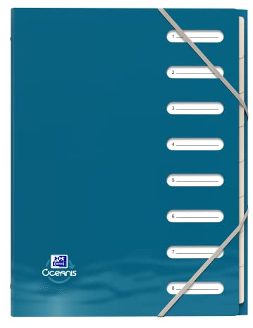 Oxford Oceanis Ordnungsmappe A4, 8 Taben, Zufallsfarbe, 1 Stück | 8 blickdichte Trennblätter mit neutralen Taben, numerischer Index, 3-Klappenfach und Gummizug