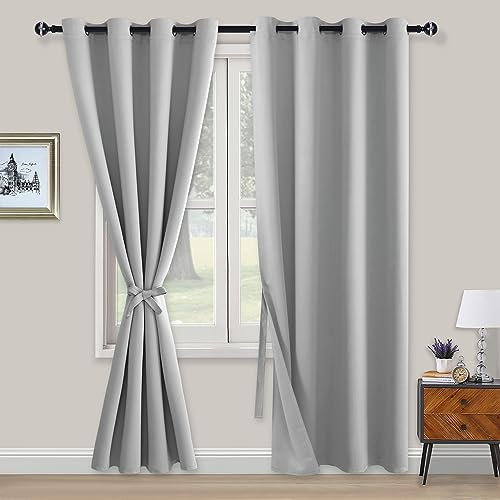 XWZO Blickdichte Vorhänge Verdunklungsvorhänge mit Ösen 2 Stücke Gardienen mit Raffhalter Lichtundurchlässige Vorhänge für Schlafzimmer,WonhzimmerBüro, 220x140 cm, Silber Grau