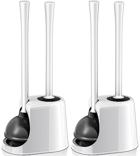 Toilet Plunger and Brush Set, Toilet Brush and Plunger with Ventilated Holder, 2-in-1 Bathroom Cleaning Combo with Caddy Stand(2 Pack, White)
