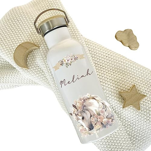 Manufaktur Liebevoll Trinkflasche Motiv Pferd Pony mit Namen als Geschenk für Mädchen | 500 ml auslaufsichere Isolierflasche aus Edelstahl I Flasche für Kita Schule Sport (Motiv Meliah)