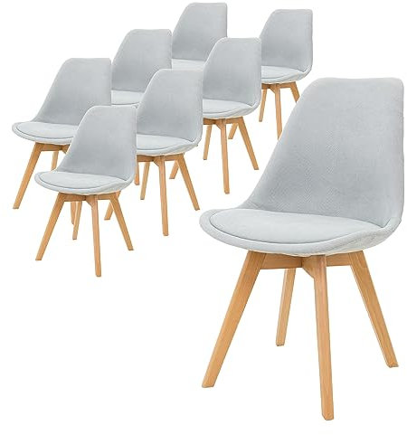 ML-Design 8er Set Esszimmerstühle mit Rückenlehne, Grau, Skandinavisches Retro Polsterstuhl mit Buchenholz-Beinen, Sitzfläche aus Leinen, Ergonomischer Küchenstuhl für Esstisch, Wohnzimmerstühle Stuhl