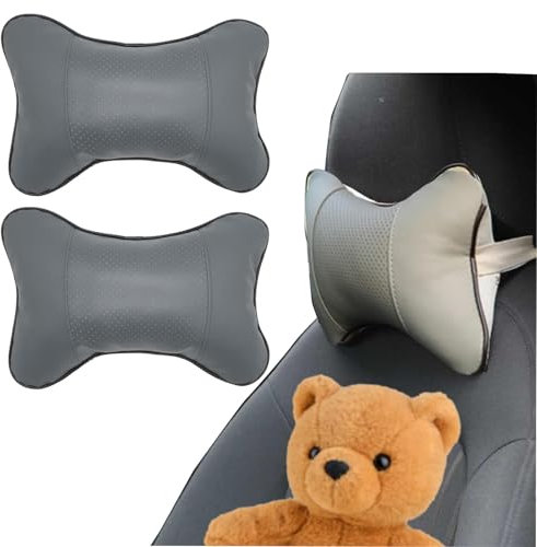 Vastsea 2 Stück PU Leder Nackenkissen, Auto Nackenkissen Hals, Autositz Kopfstütze Kissen, für Autositz Kopfstütze (Grau)