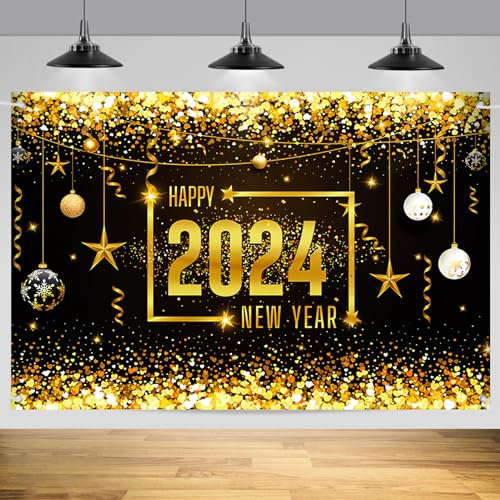 2024 Große Happy New Year Banner Neujahrs Banner 2024, Silvester Deko 2024 Neujahrs Hintergrund Banner, Happy New Year Hintergrund Banner für Neujahrsdeko Silvester party Drinnen Draußen, 180 * 110 cm