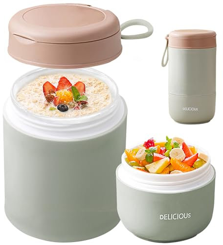 Ronanemon 11 oz+14 oz Double Wall Snack Cup with Plastic Spoon,Reusable Snack Container with Leak-Proof Design, Microwave Safe, Dishwasher safe, Freezer Safe (Matcha Green)