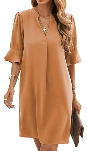 Famulily Robe chemise élégante et décontractée pour femme - Col en V - Manches courtes - Été - Couleur unie - Robe courte - Tailles S à XXL, Orange, XXL