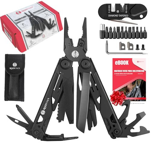 RODYVAN Pince Multifonctions 19-en-1, Outil en Acier Inoxydable avec Aiguiseur, Ciseaux, Scie, Poinçon, Lime, Décapsuleur, jeu de Tournevis. Accessoires de Survie Camping Randonnée, Cadeau pour Homme