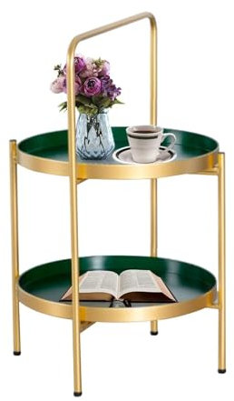 Eiauiuo Runder Beistelltisch 2 Ebenen Goldener Beistelltisch Grün Oberfläche Metalltablett Einfache Montage für Wohnzimmertisch, Schlafzimmer Garten Sofatisch Nachttisch abnehmbare Schale