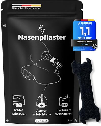 Ellicit Nasenpflaster Schwarz, 30er Pack Premium Nasenstrips, gegen Schnarchen, Extra Halt für Sport & bessere Schlafqualität, besser Atmen bei verstopfter Nase, Nasal Strips (Comfort)