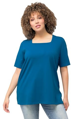 Ulla Popken Damen große Größen Übergrößen Plus Size T-Shirt, A-Linie, Carré-Ausschnitt, Halbarm Mittelblau 50+ 807286765-50+