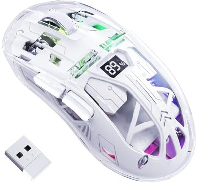 FREEWOLF A2 Kabellose Gaming-Maus, Dual-Mode 2,4G/Bluetooth PC-Gaming-Mäuse, RGB-Maus mit Akku-Display, Transparente Hülle, PixArt 3212, 4000 DPI 5 Einstellbar, für Win/MAC - Glasiertes Weiß