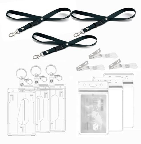 Porte Badges avec Cordon, clips, Porte badge transparent dur,pour Cartes de Proximité, Cartes de Crédit, Cartes d'Identité et Cartes, Porte Carte Bus (3 Set Vertical)