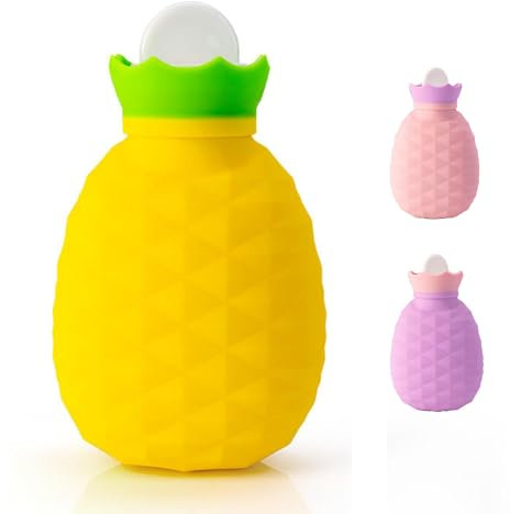 Mini bouillotte avec housse - 200 ml - Poche d'eau en silicone capable de chauffer le micro-ondes pour soulager la douleur - Joli chauffe-mains en forme d'ananas (jaune, 13,5 x 8 x 5 cm)