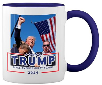 Donald Trump Make America Great Again 2024 Trump Rally Shooting Weiße Tasse Mug mit blauem Felgen und Griff