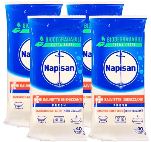 Salviette FRESH Igienizzanti Multiuso, Biodegradabili, Extra Forti. Rimuovono Germi e Batteri, Grande Potere Sgrassante. Confezione Da 40 Salviette (4 Confezioni)