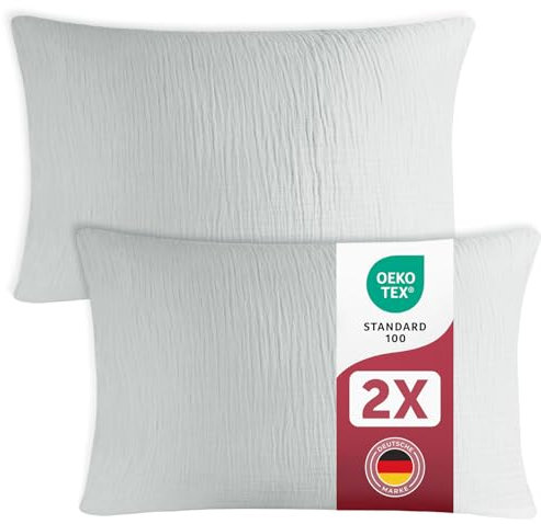 Blumtal Musselin Kissenbezug 40x80 cm 2er Set - Oeko-TEX zert. Kissenbezug Musselin aus 100% Baumwolle - extra weiches Kissen-Set waschbar bei 40 °C - atmungsaktive Sommer Kopfkissenbezüge Blau