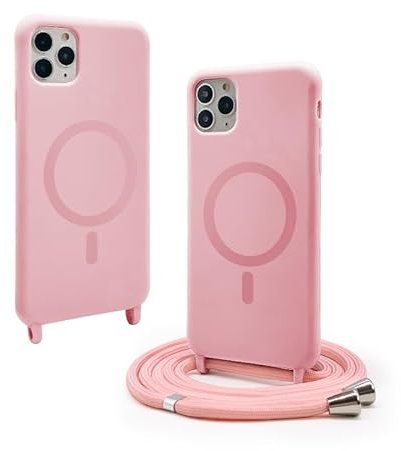 CUZZCASE Silikon Schutzhülle kompatibel mit iPhone 11 Pro Max(6.5),Kabellosem Laden,Silikon Stylische Verstellbarer Halskette Handyhülle-Dunkelrosa