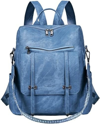 Leathario Rucksakck Damen Wasserdicht,Veganes Leder Cityrucksack,Rucksackhandtasche Mittelgroß, Diebstahlsich Tagesrucksack für Büro,Pendeln,Arbeit,Leicht Elegant Backpack Women Groß für Reise,Blau