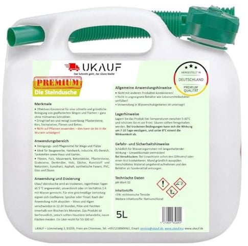 UKAUF Steindusche – 10L Steinreiniger & Grünbelagentferner für bis zu 2000 m², Effektiv für Saubere Wege, Pflastersteine, Kiesel und Steinplatten, Biologisch Abbaubar