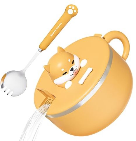 Ramen Bowl - Heat Resistant 304 Stainless Steel Ramen Cooking Cup with Lid and Handle | Large Capacity 1200ml Instant Noodle Bowl Set with Fork and Spoon