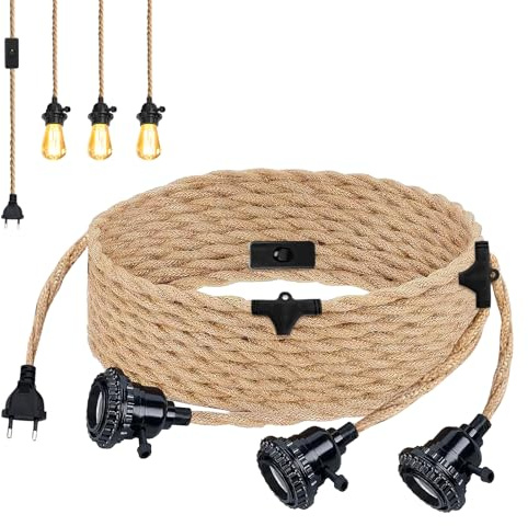 Portalampada E27 con cavo lampada vintage, attacco E27 con cavo lampada, 6,8 m, corda di canapa intrecciata con lampada a sospensione, 3 luci, portalampada con interruttore per lampada fai da te