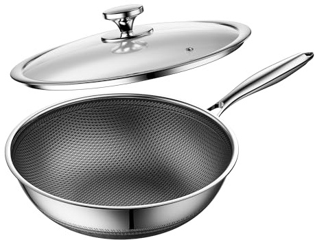 ZEROPAN Wok Non Stick with Lid 30cm, Stainless Steel Wok Hybrid, Frying Pan，Stay-Cool Handle, Dishwasher, PFAS PFOA & PTFE Free, Oven-Safe Up to 260°C, Suitable for All Cooktops