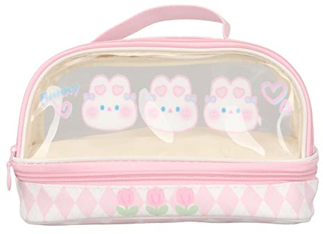 ANGGREK Niedlicher Hasen Stiftemäppchen Hasen Federmäppchen Kawaii Hasen Kosmetiktasche Doppellagig Wasserdicht Transparent mit Tragegriff für Schulmaterialien Make-up Aufbewahrung