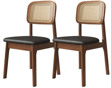 Mid Century Esszimmerstühle, 6er-/4er-/2er-Set, Esszimmerstühle im Landhausstil aus Rohrgeflecht, Massivholzgestell, bequeme Polster, geeignet für Küche, Esszimmer, Landhaus, Café Walnut+Black 2