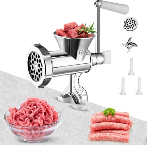 Tritacarne manuale in lega di alluminio, con dispositivo di riempimento per salsicce e morsetto da tavolo, macina carne con 3 tubi per salsicce per carne macinata, macinino manuale per cucina e