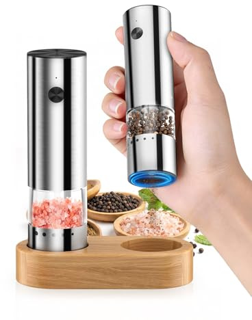 Homtronics Salz und Pfeffermühle Elektrisch, Mini Pfeffermühle Elektrische | 5 Einstellbarer Mahlgrad, USB-Aufladung, Holzsockel,Wiederaufladbare Elektrische Pfeffermühle Set, Gewürzmühle für Reisen BBQ