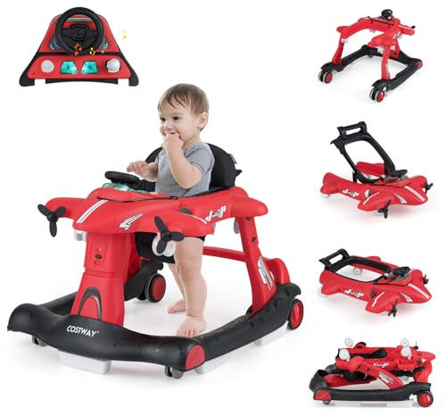 COSTWAY 6 in 1 Lauflernhilfe klappbar in Flugzeugform, Gehfrei Baby, Rot | Lauflernwagen mit verstellbarer Höhe & Geschwindigkeit, Baby Walker mit abnehmbarer Spieluhr & Esstablett ab 6 Monaten