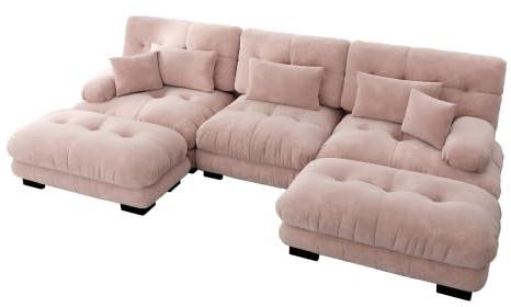 vutizal Modulares Ecksofa U-Form Cloud Sofa mit Ottoman & Schlaffunktion in Rosa, Großzügige Wohnlandschaft mit Tiefensitz, Gemütlicher Chenille Stoff