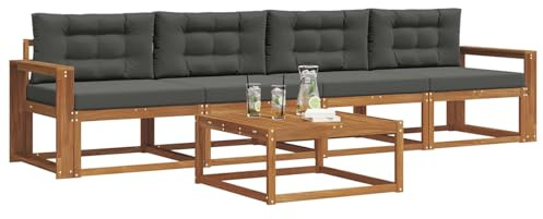 vidaXL Outdoor-Sofagarnitur mit Kissen 5 pcs Natur und Anthrazit, Stylische Gartenmöbel, modernes Sofa-Set, langlebige Möbel für Poolbereich, Bequeme Sitzgelegenheiten für die Terrasse