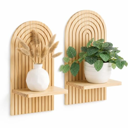 LMSAWK 2er Set Wandregal Holz Boho, Schweberegal Holz Wanddeko für Pflanzen, Bücher und kleine Deko, Boho Style Regal für Wohnzimmer und Schlafzimmer (Natur)
