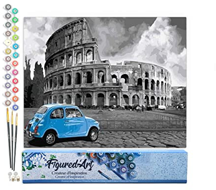 Figured'Art Malen Nach Zahlen Erwachsene Blaues FIAT Fahrzeug am Kolloseum - Paint by Numbers Basteln DIY Bastelset 40x50cm ohne Holzrahmen