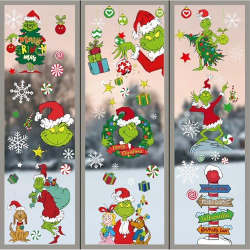 Weihnachten Fensterbilder, 9 Stück Grünes Monster Fensteraufkleber Schneeflocken Sticker, Fensterbild Deko Selbstklebend Weihnachten Fenster Aufkleber für Zuhause Schule Party Fensterdeko